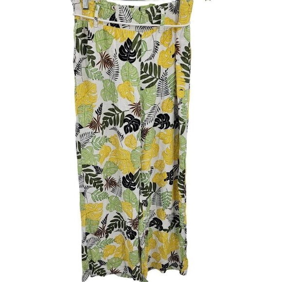 Vintage 80's Palazzo Pants M Tropical Print Linen High Waisted Wide Leg Beach - Picture 3 of 10
